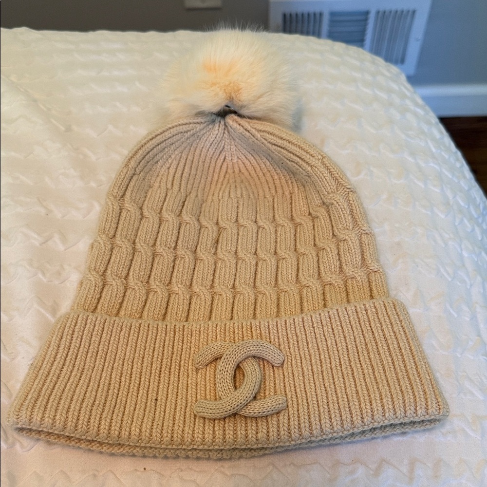 CHANEL Beige Knit Beanie with Pom Pom
